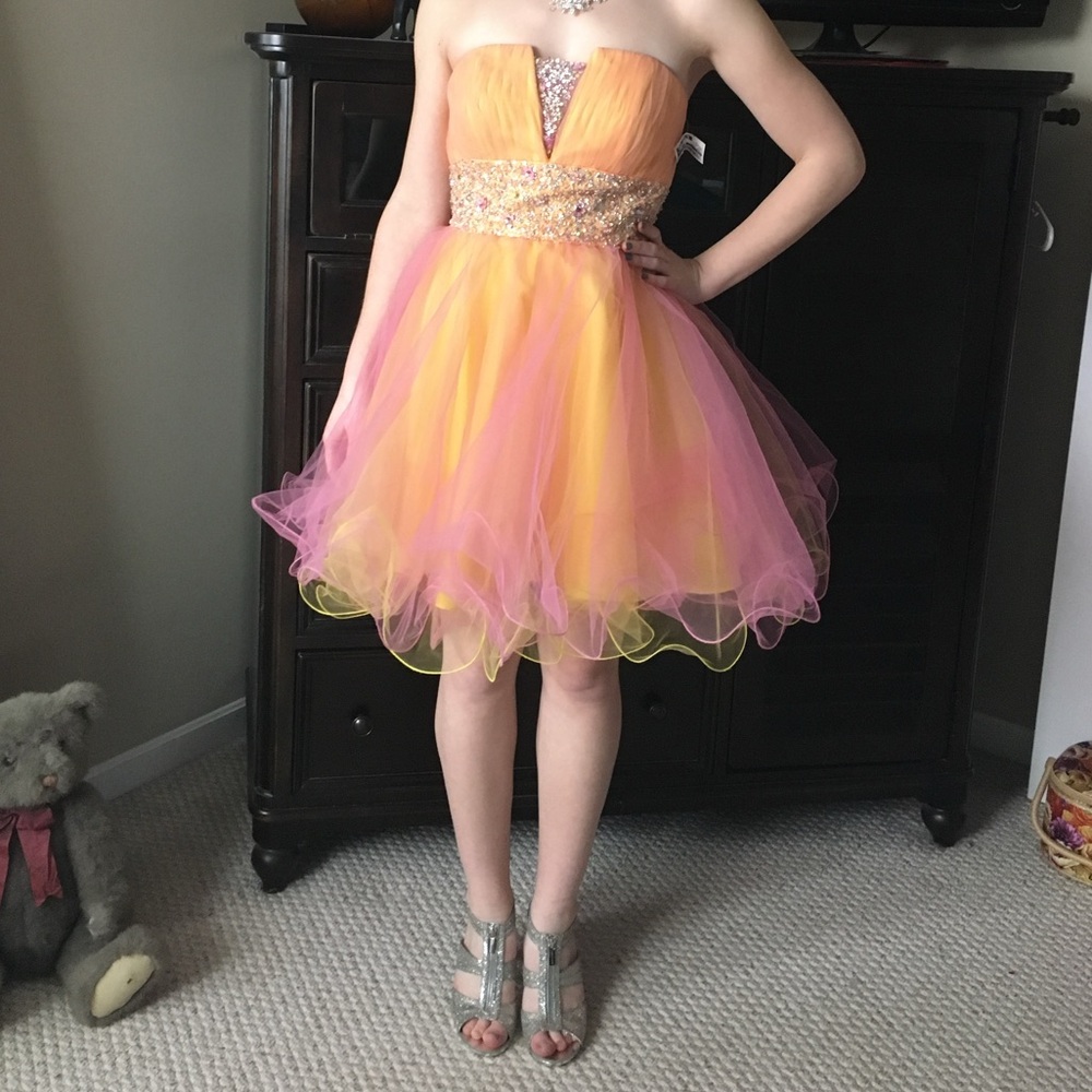 Strapless Pink and Yellow Tulle Prom Dress